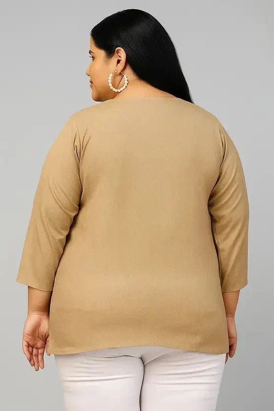 Women’s Cotton Embroidered Straight Top – Beige Printed Elegant Casual Wear