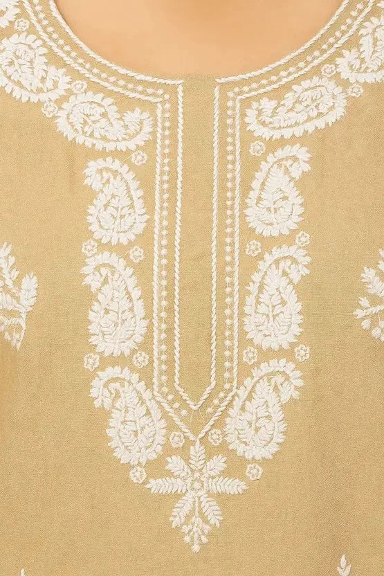Women’s Cotton Embroidered Straight Top – Beige Printed Elegant Casual Wear