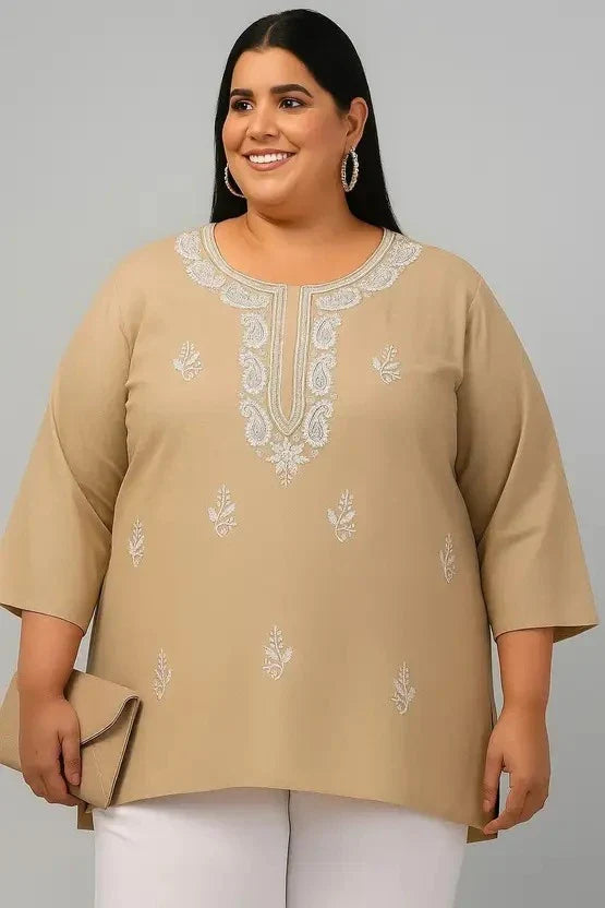 Women’s Cotton Embroidered Straight Top – Beige Printed Elegant Casual Wear