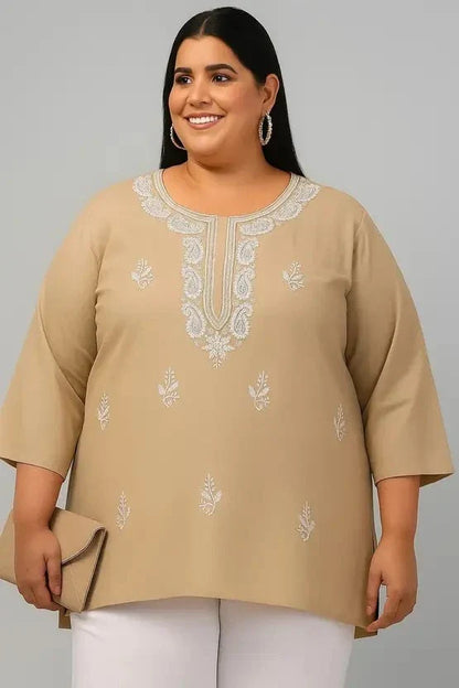 Women’s Cotton Embroidered Straight Top – Beige Printed Elegant Casual Wear