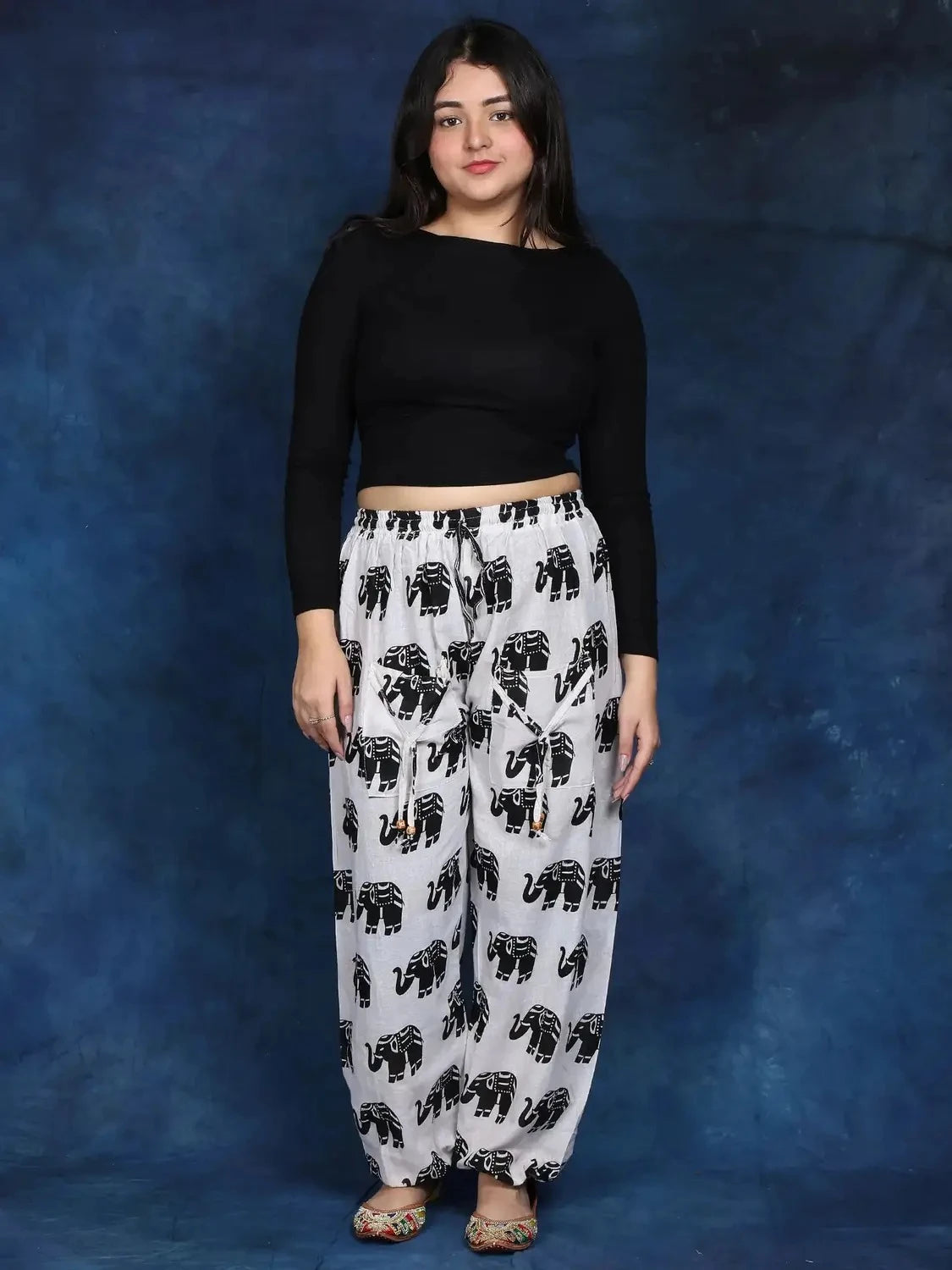 Women’s 100% Pure Cotton Elephant Print Harem Pants – Pack of 2 (Black & White)