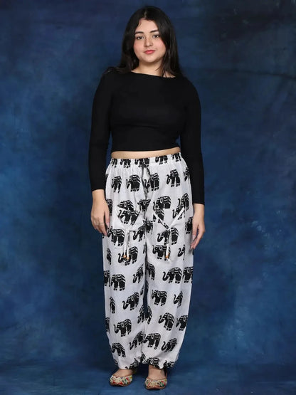 Women’s 100% Pure Cotton Elephant Print Harem Pants – Pack of 2 (Black & White)