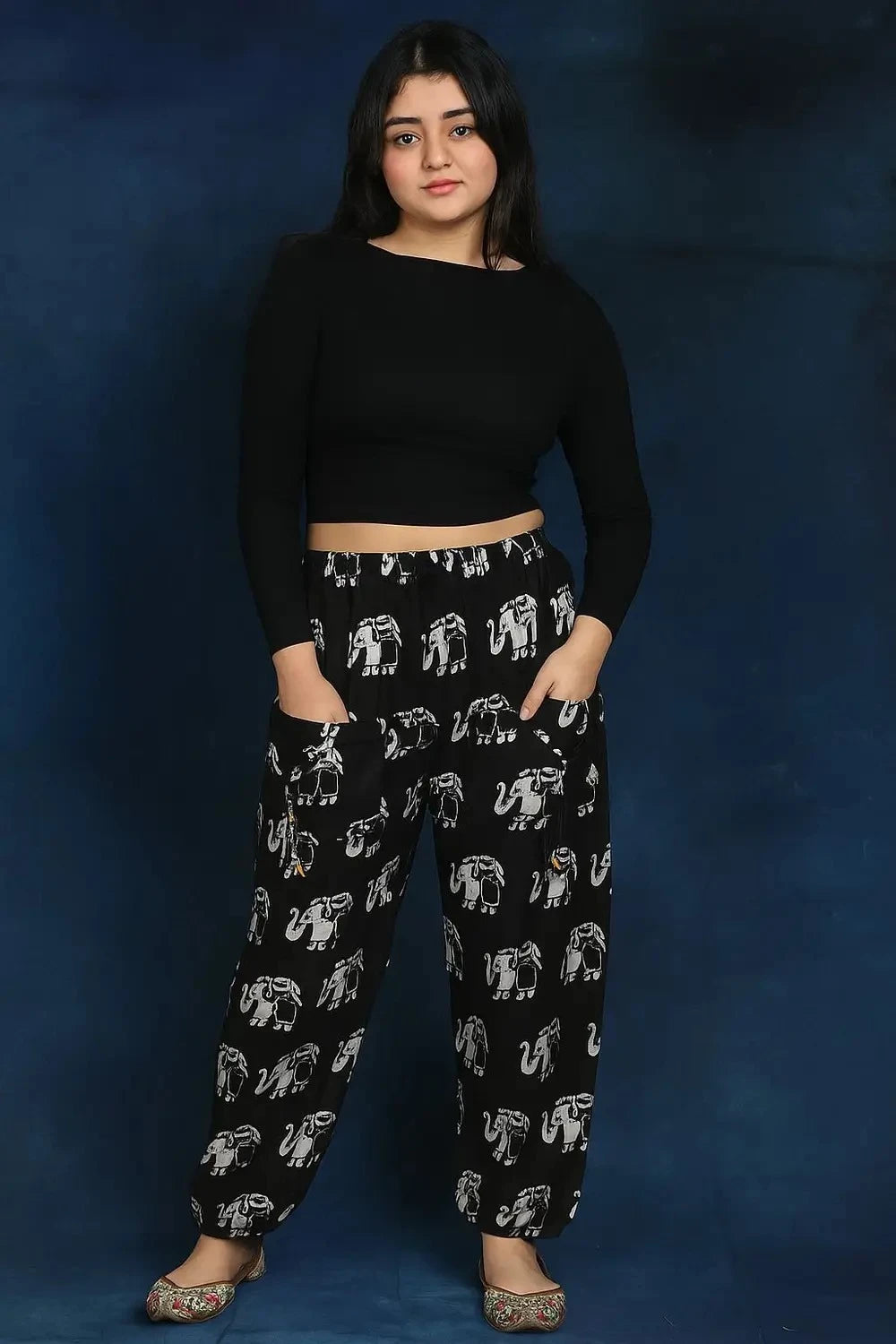 Women’s 100% Pure Cotton Elephant Print Harem Pants – Pack of 2 (Black & White)