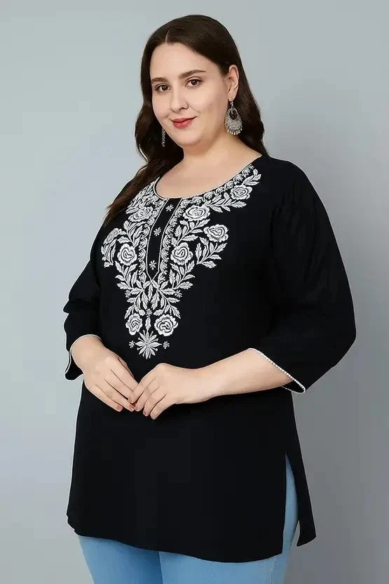 Women’s Cotton Embroidered Straight Top – Black Elegant Casual Wear