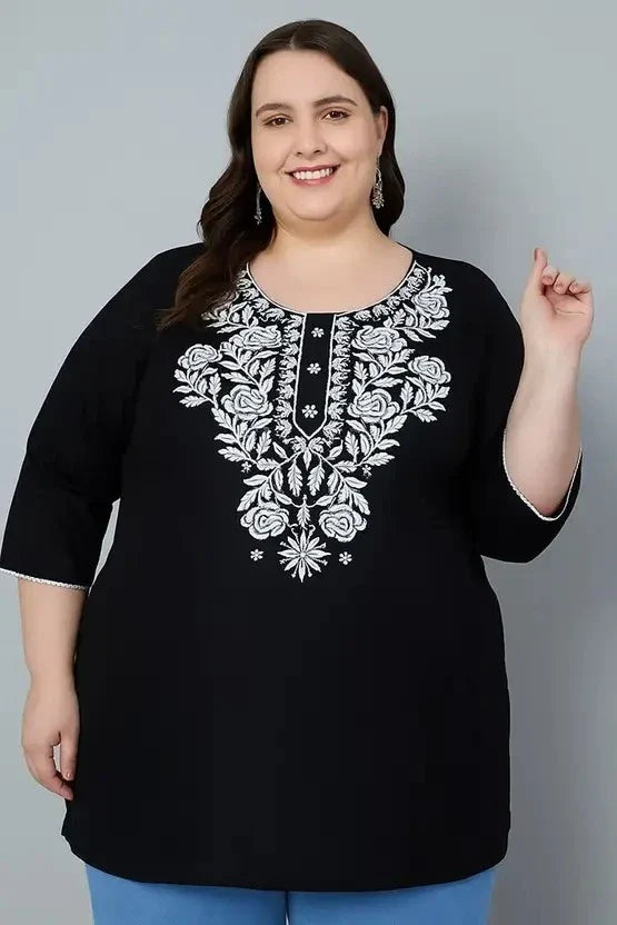 Women’s Cotton Embroidered Straight Top – Black Elegant Casual Wear