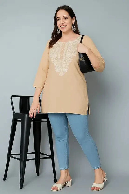 Women’s Cotton Embroidered Straight Top – Beige Elegant Casual Wear