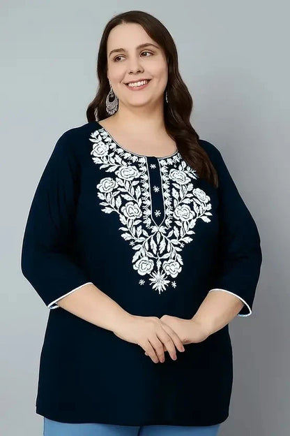 Women’s Cotton Embroidered Straight Top – Navy Blue Elegant Casual Wear