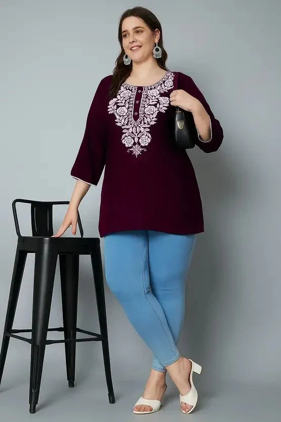 Women’s Cotton Embroidered Straight Top – Maroon Elegant Casual Wear