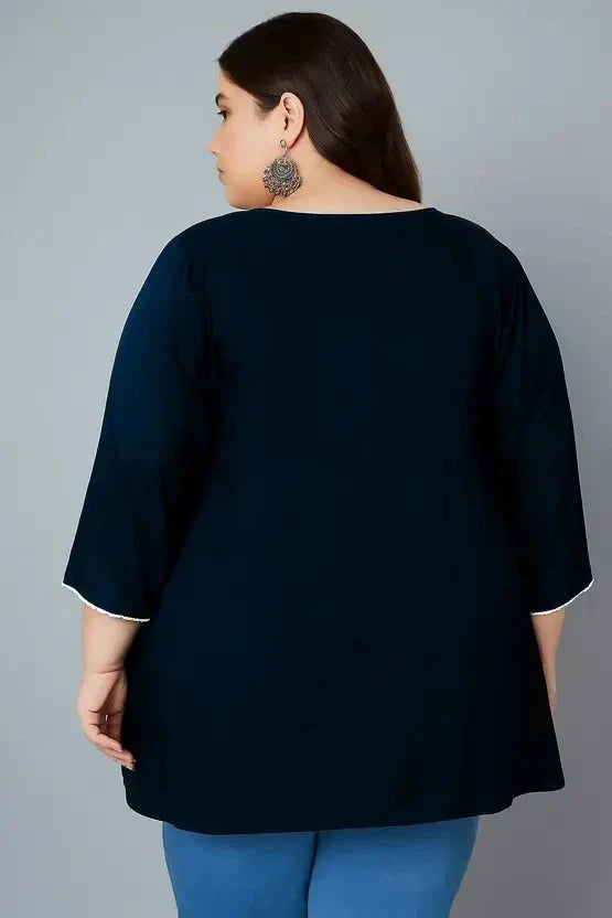 Women’s Cotton Embroidered Straight Top – Navy Blue Elegant Casual Wear