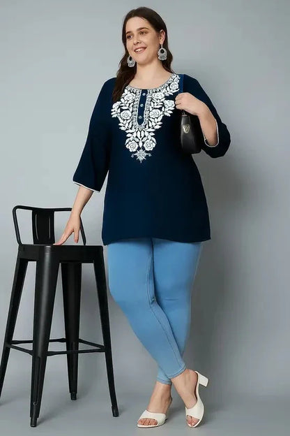 Women’s Cotton Embroidered Straight Top – Navy Blue Elegant Casual Wear