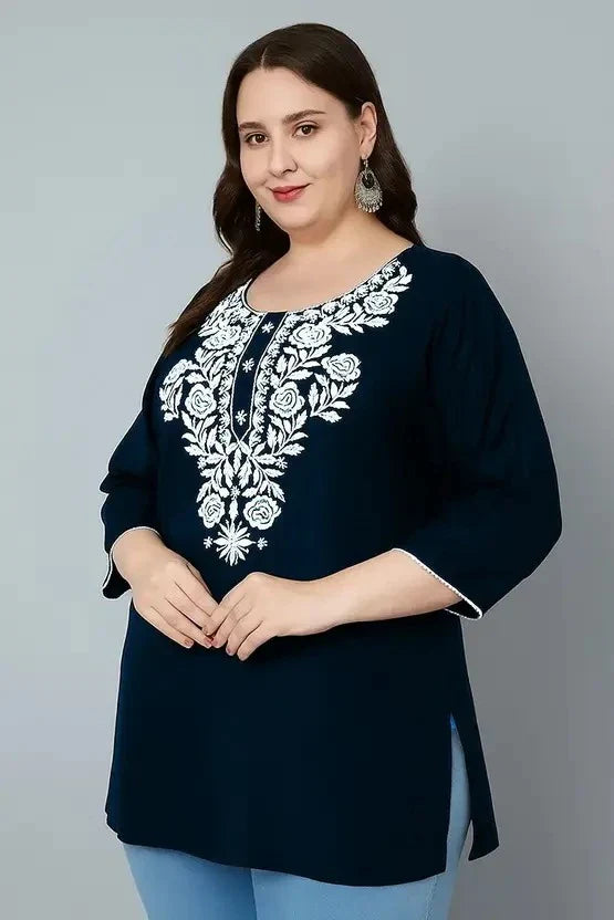 Women’s Cotton Embroidered Straight Top – Navy Blue Elegant Casual Wear