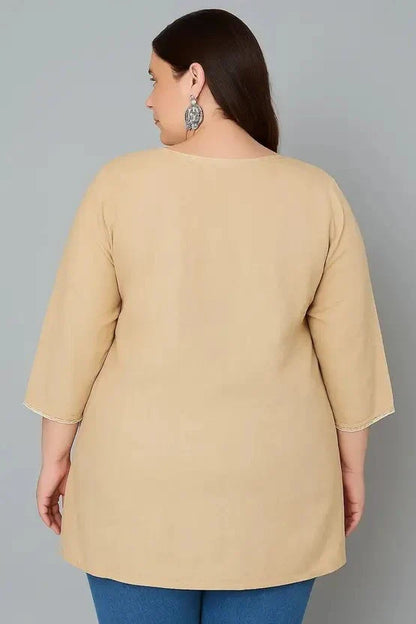 Women’s Cotton Embroidered Straight Top – Beige Elegant Casual Wear