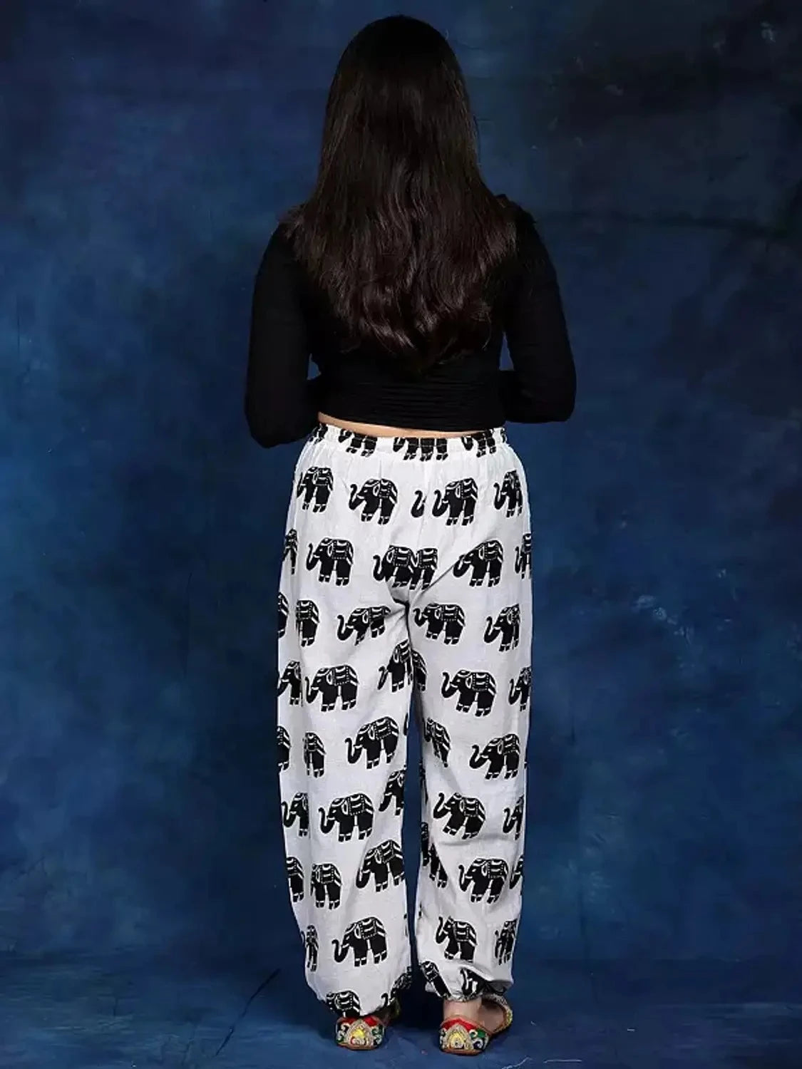 Women’s 100% Pure Cotton Elephant Print Harem Pants – Pack of 2 (Black & White)