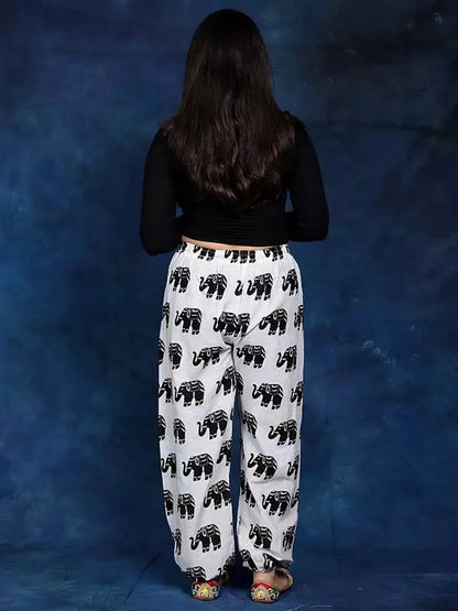 Women’s 100% Pure Cotton Elephant Print Harem Pants – Pack of 2 (Black & White)