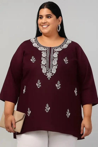 Women’s Cotton Embroidered Straight Top – Maroon Printed Elegant Casual Wear
