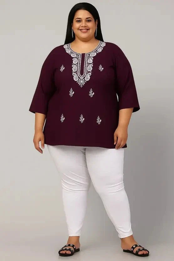 Women’s Cotton Embroidered Straight Top – Maroon Printed Elegant Casual Wear