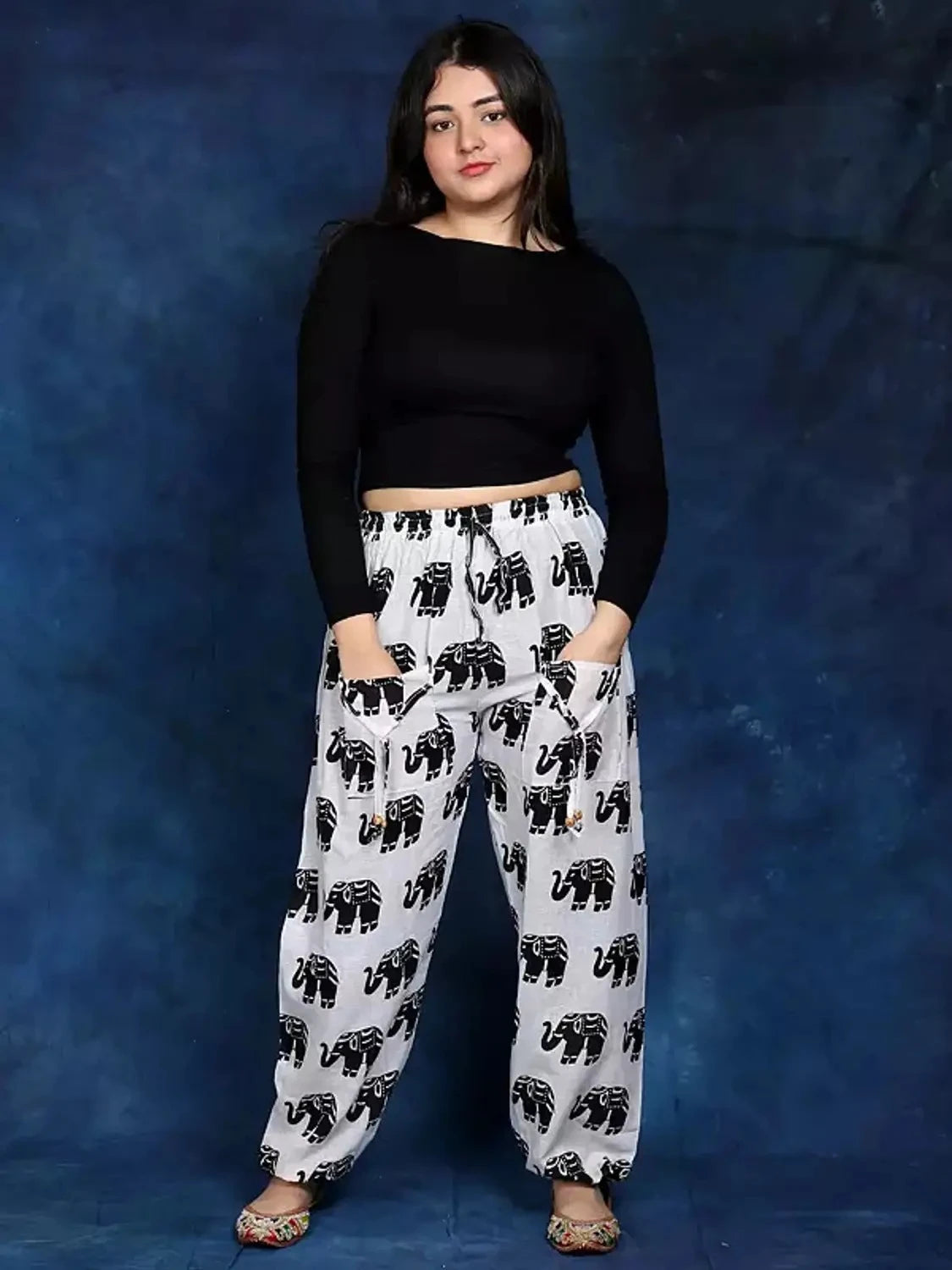 Women’s 100% Pure Cotton Elephant Print Harem Pants – Pack of 2 (Black & White)