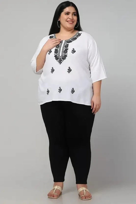 Women’s Cotton Embroidered Straight Top – White Printed Elegant Casual Wear