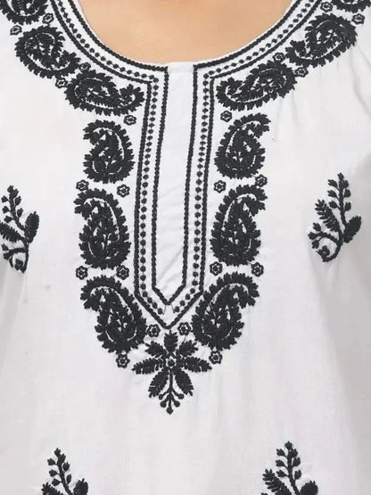 Women’s Cotton Embroidered Straight Top – White Printed Elegant Casual Wear