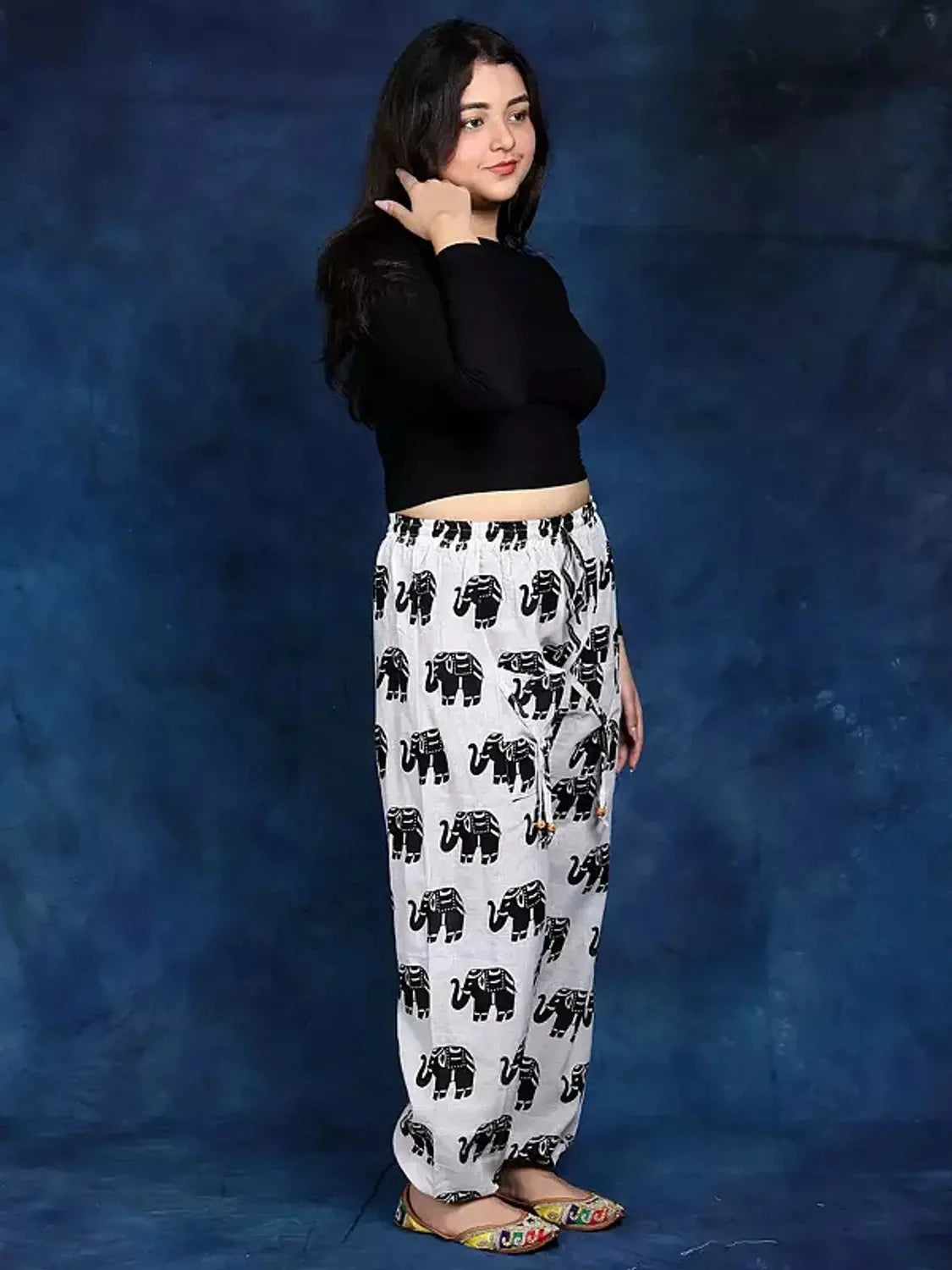 Women’s 100% Pure Cotton Elephant Print Harem Pants – Pack of 2 (Black & White)