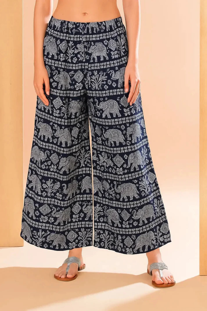 Women’s Cotton Printed Palazzo Pants – Navy Blue Elephant Design Wide Leg