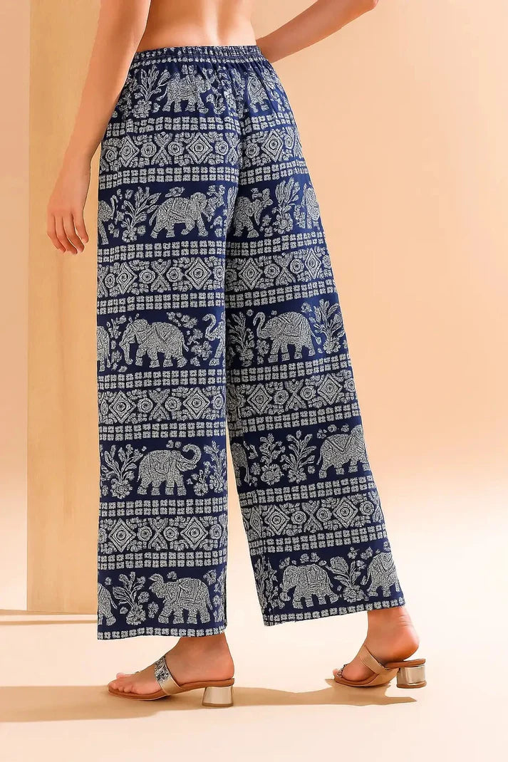 Women’s Cotton Printed Palazzo Pants – Navy Blue Elephant Design Wide Leg