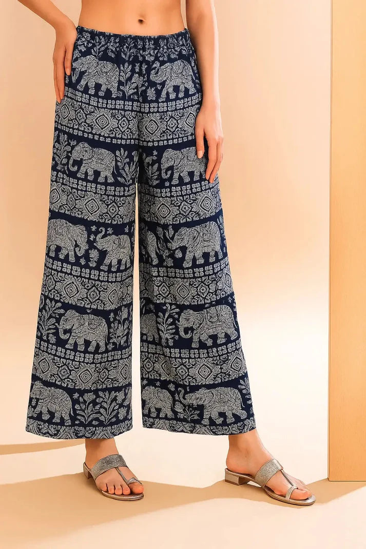 Women’s Cotton Printed Palazzo Pants – Navy Blue Elephant Design Wide Leg