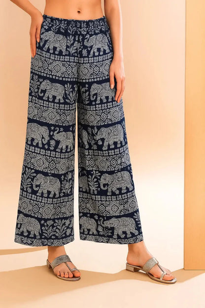 Women’s Cotton Printed Palazzo Pants – Navy Blue Elephant Design Wide Leg