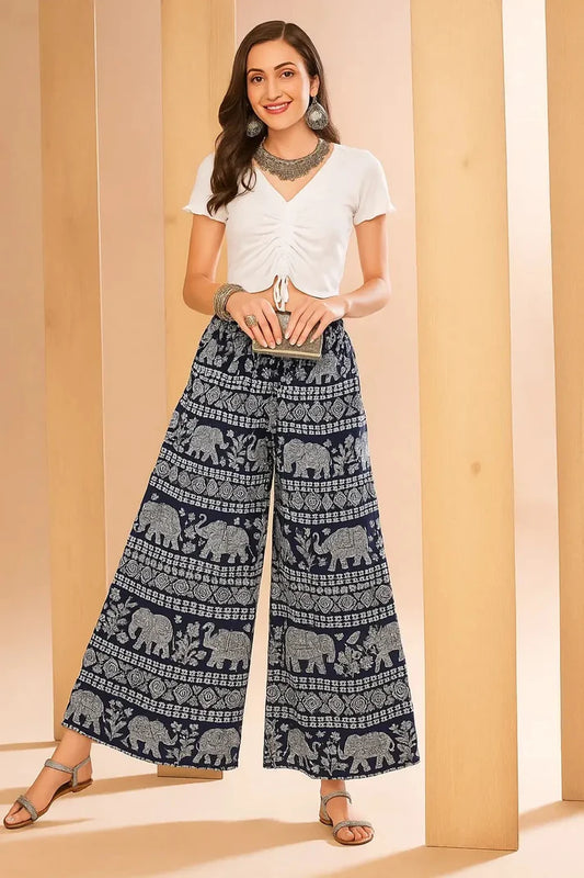 Women’s Cotton Printed Palazzo Pants – Navy Blue Elephant Design Wide Leg