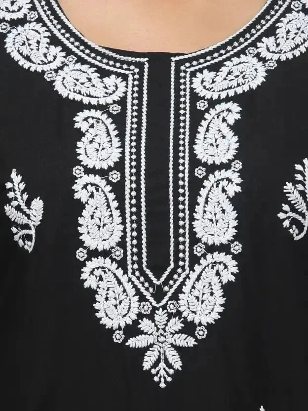 Women’s Cotton Embroidered Straight Top – Black Printed Elegant Casual Wear