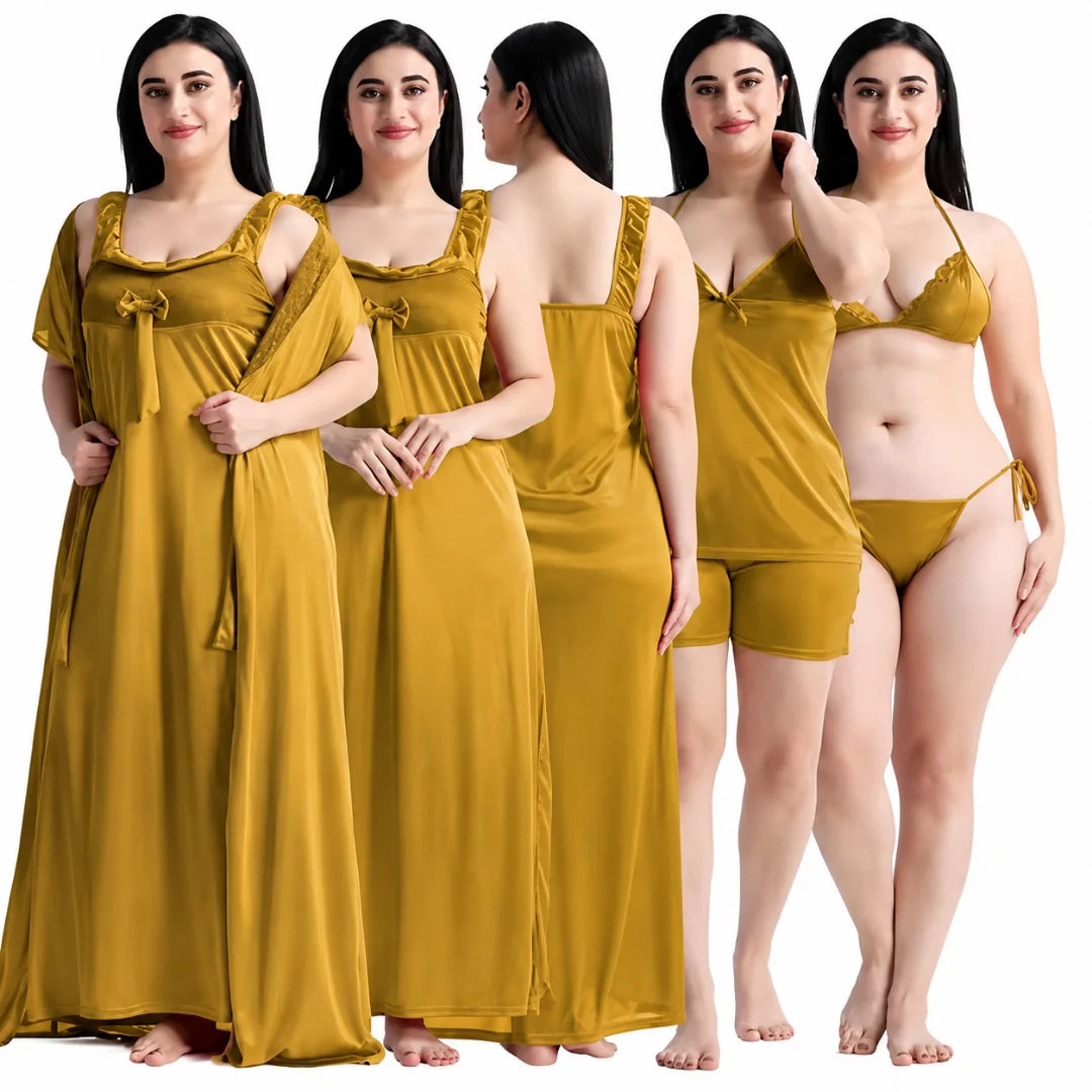 Women's 6-Piece Satin Nightwear Lingerie Set with Robe, Nighty, Babydoll, Shorts, Bra & Panty – Yellow