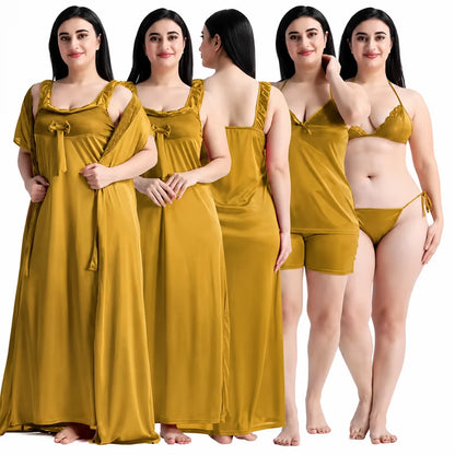 Women's 6-Piece Satin Nightwear Lingerie Set with Robe, Nighty, Babydoll, Shorts, Bra & Panty – Yellow