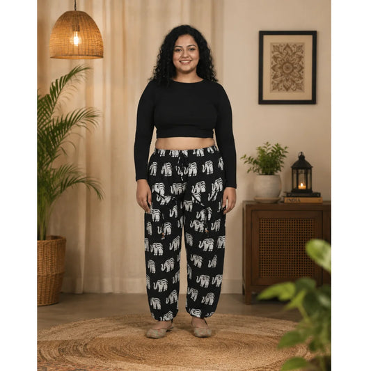 Black Cotton Harem Pants with Elephant Print & Front Thigh Pockets – Relaxed Fit