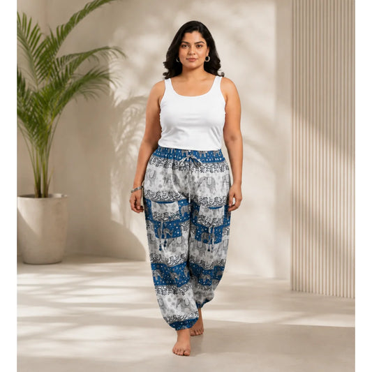 Blue & White Cotton Harem Pants with Elephant Print & Front Thigh Pockets – Relaxed Fit