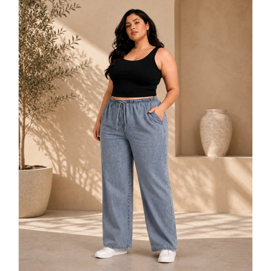 Womens elasticated waist loose straight fit Jeans KGDJNS-404039