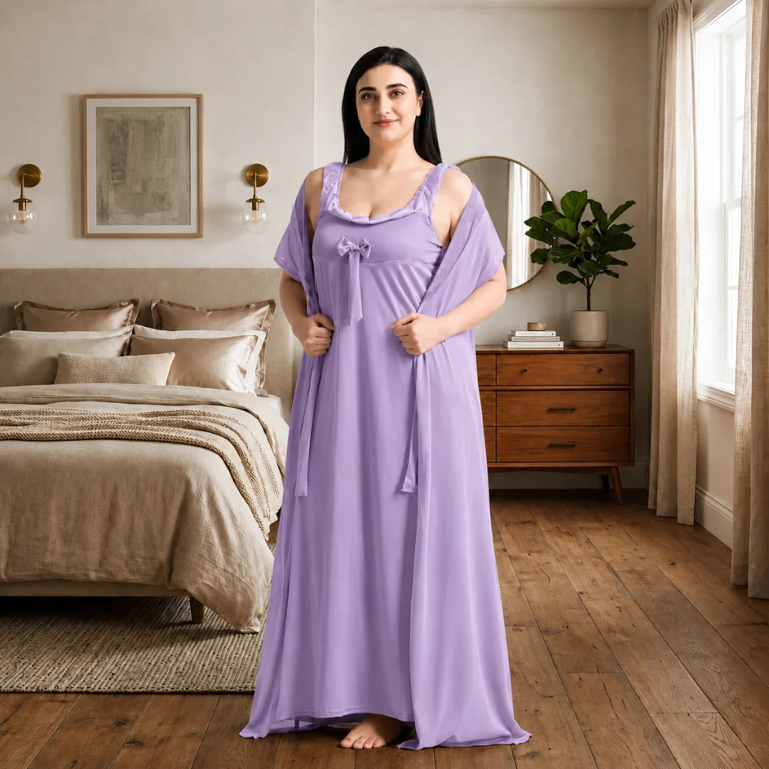 Women's 6-Piece Satin Nightwear Lingerie Set with Robe, Nighty, Babydoll, Shorts, Bra & Panty – Levender