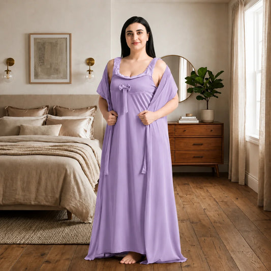 Women's 6-Piece Satin Nightwear Lingerie Set with Robe, Nighty, Babydoll, Shorts, Bra & Panty – Levender