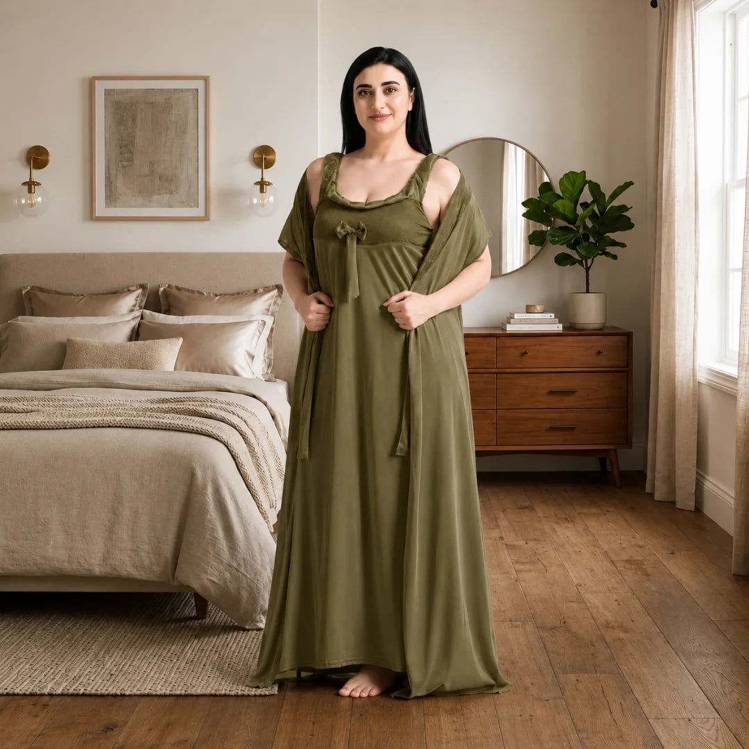 Women's 6-Piece Satin Nightwear Lingerie Set with Robe, Nighty, Babydoll, Shorts, Bra & Panty – Green