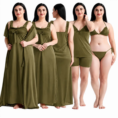 Women's 6-Piece Satin Nightwear Lingerie Set with Robe, Nighty, Babydoll, Shorts, Bra & Panty – Green