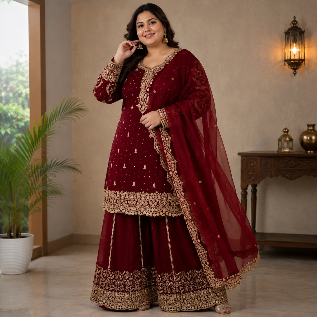Women's Embroidered Silk Kurta Sharara & Dupatta Set