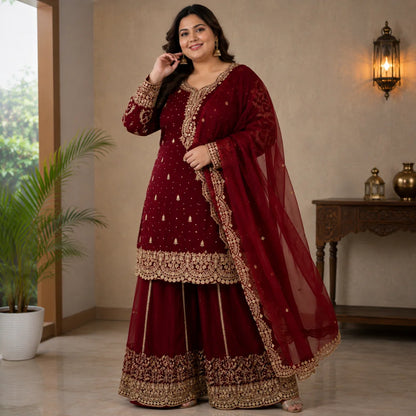 Women's Embroidered Silk Kurta Sharara & Dupatta Set