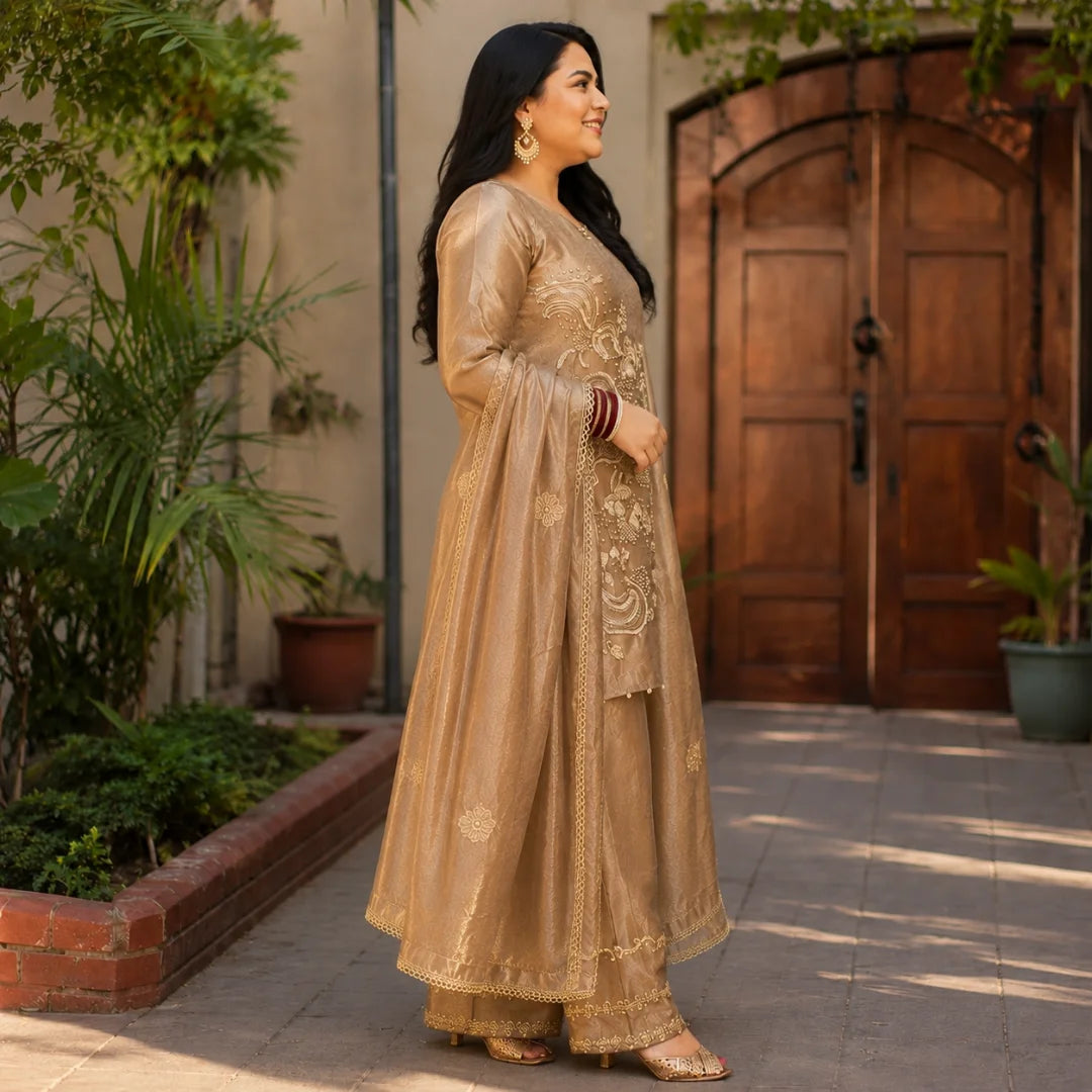 Women's Embroidered Cotton Silk Kurta Palazzo & Dupatta Set