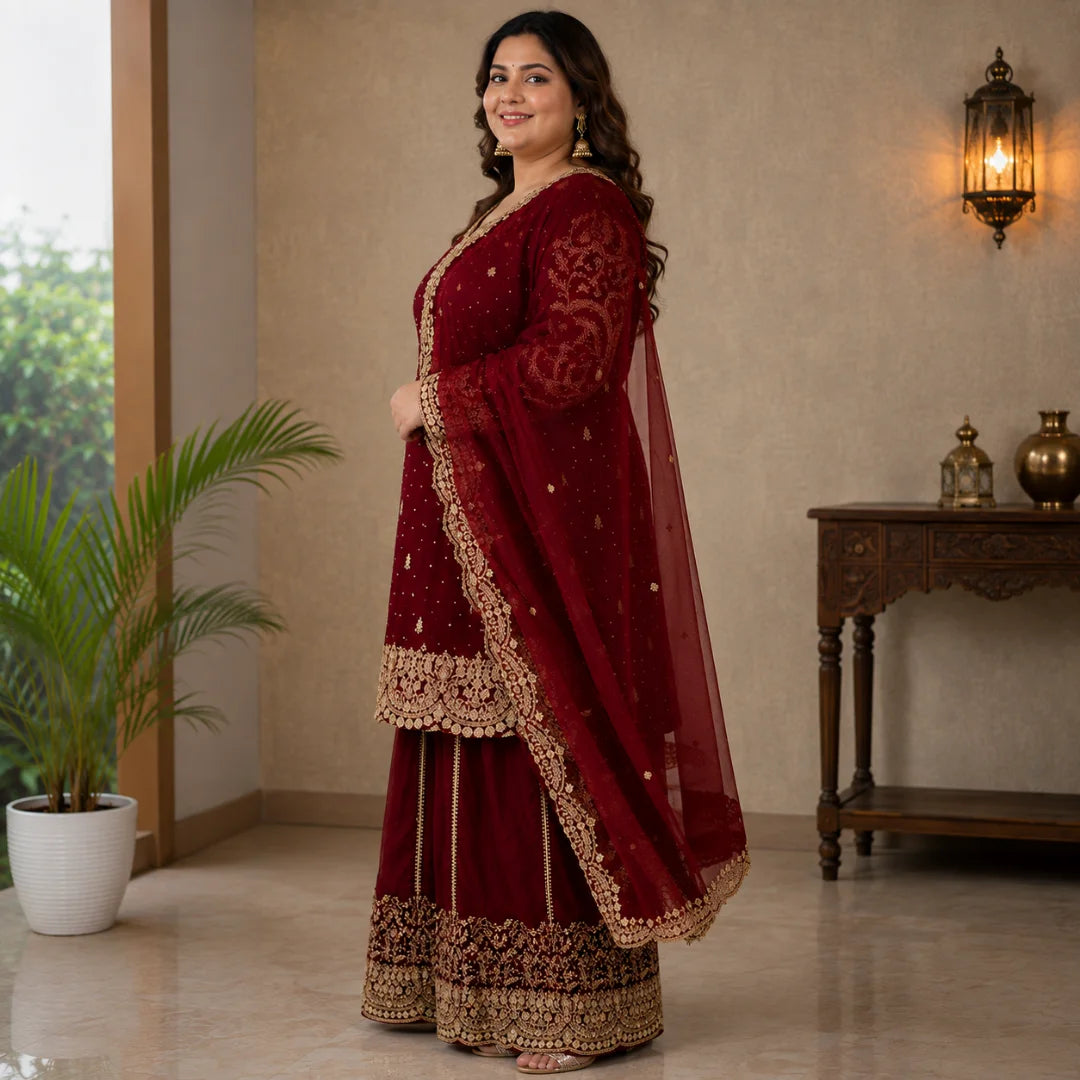 Women's Embroidered Silk Kurta Sharara & Dupatta Set