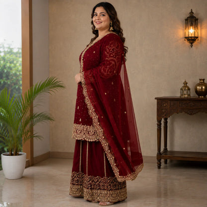 Women's Embroidered Silk Kurta Sharara & Dupatta Set