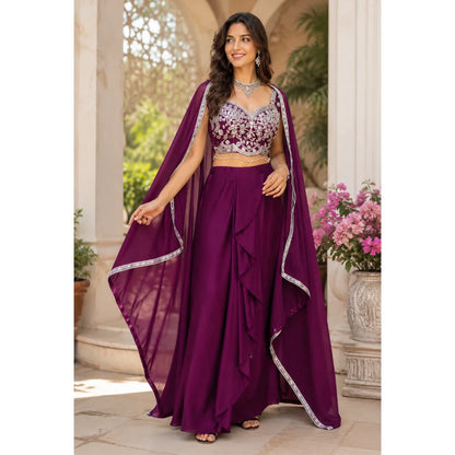 ABFY ZOO Vibrant Wine Georgette Sequins Lehenga Choli with Dupatta