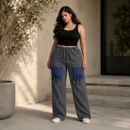 Denim Palazzo Jeans with Front Thigh Pockets – Relaxed Wide Leg Fit