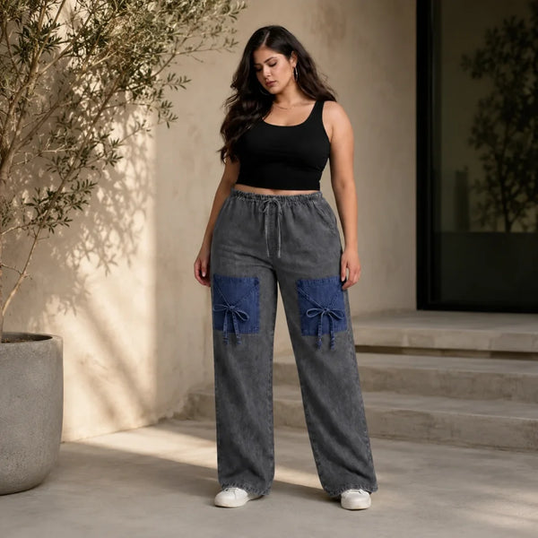 Denim Palazzo Jeans with Front Thigh Pockets – Relaxed Wide Leg Fit