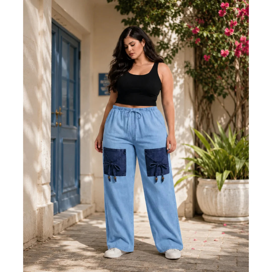 Light Blue Denim Palazzo Jeans with Front Thigh Pockets – Relaxed Wide Leg Fit