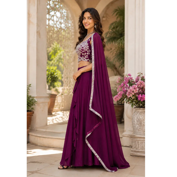 ABFY ZOO Vibrant Wine Georgette Sequins Lehenga Choli with Dupatta
