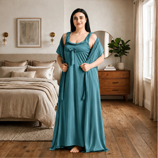 Women's 6-Piece Satin Nightwear Lingerie Set with Robe, Nighty, Babydoll, Shorts, Bra & Panty – Aqua Blue